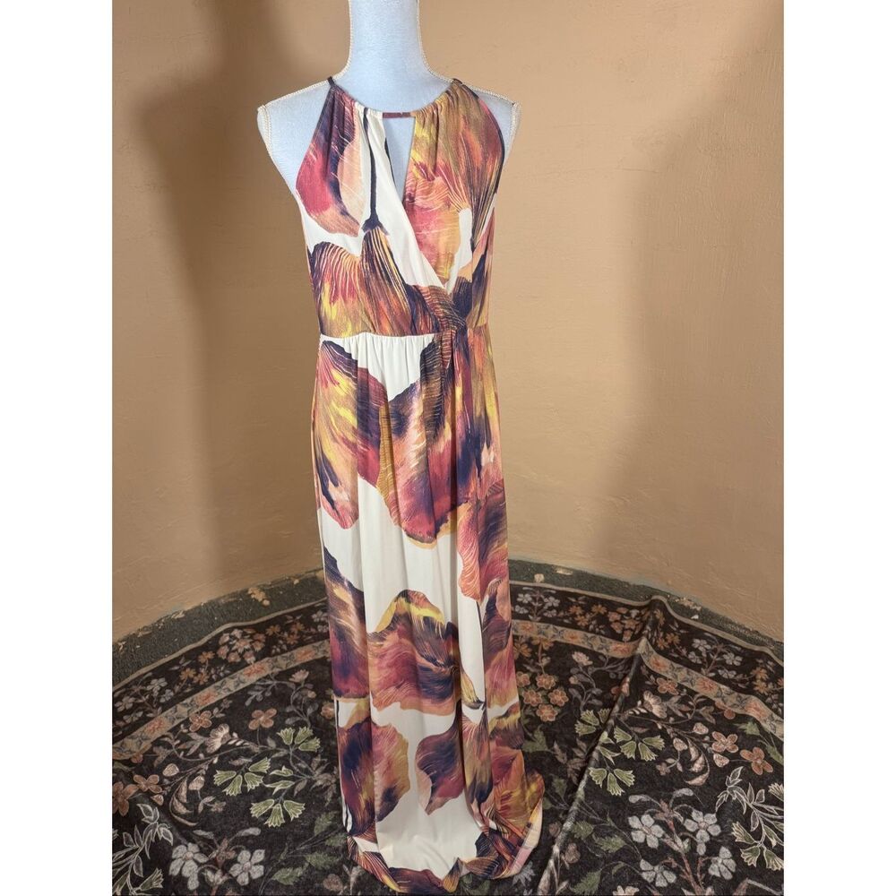 London Times Cream & Burgundy Abstract Floral Maxi Dress – Keyhole Neck | Surpli